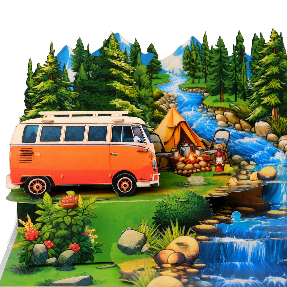 Camping Adventure 3D Pop Up Card - Camper Van by a Mountain River