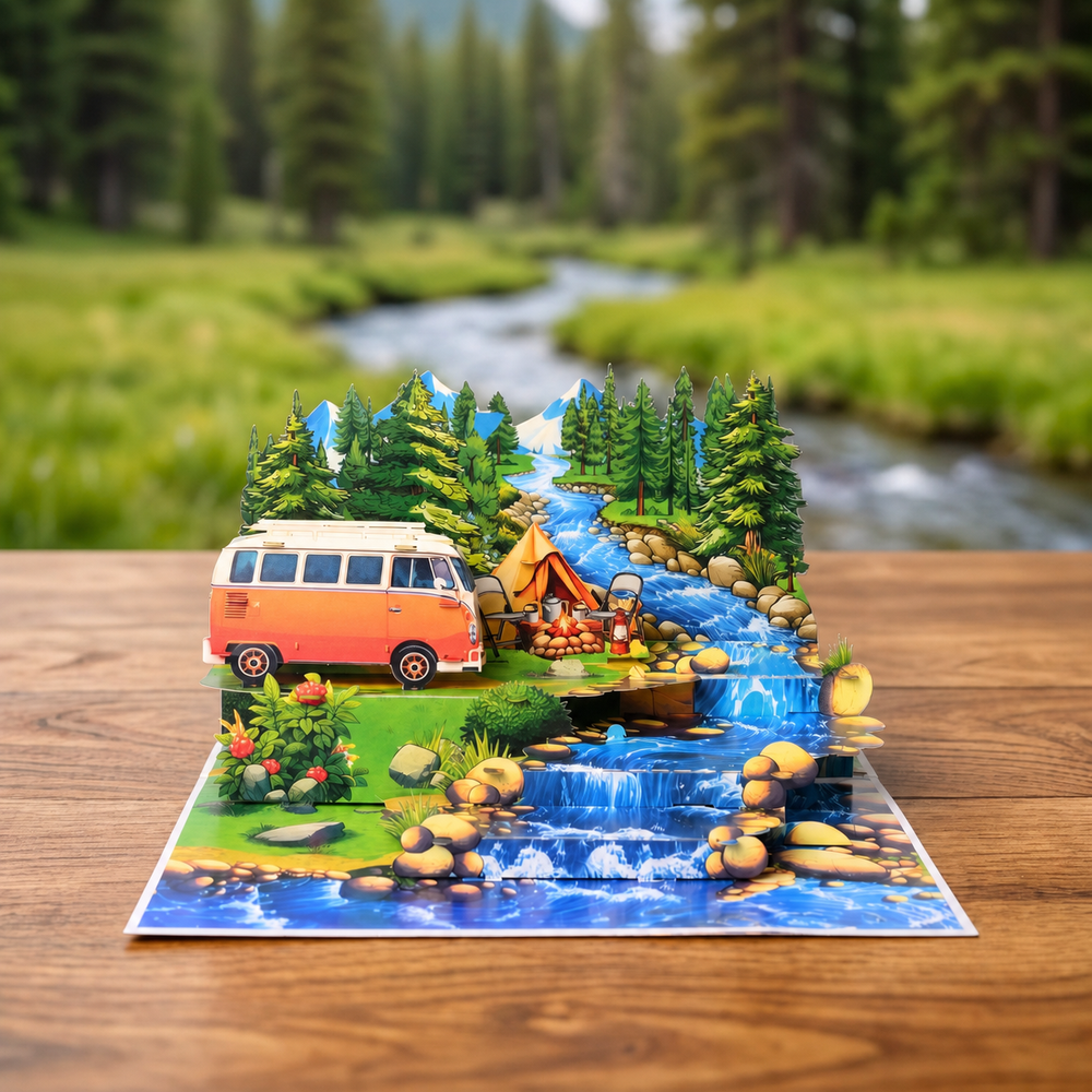 Camping Adventure 3D Pop Up Card - Camper Van by a Mountain River