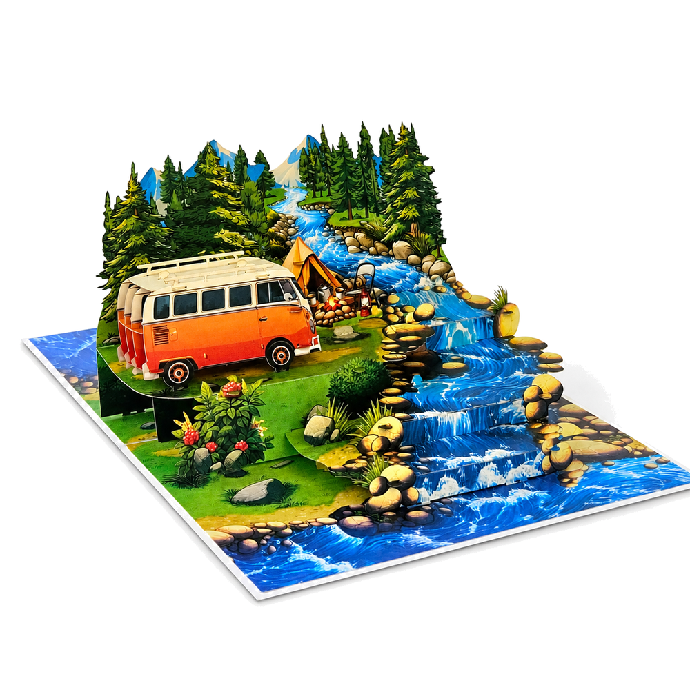 Camping Adventure 3D Pop Up Card - Camper Van by a Mountain River