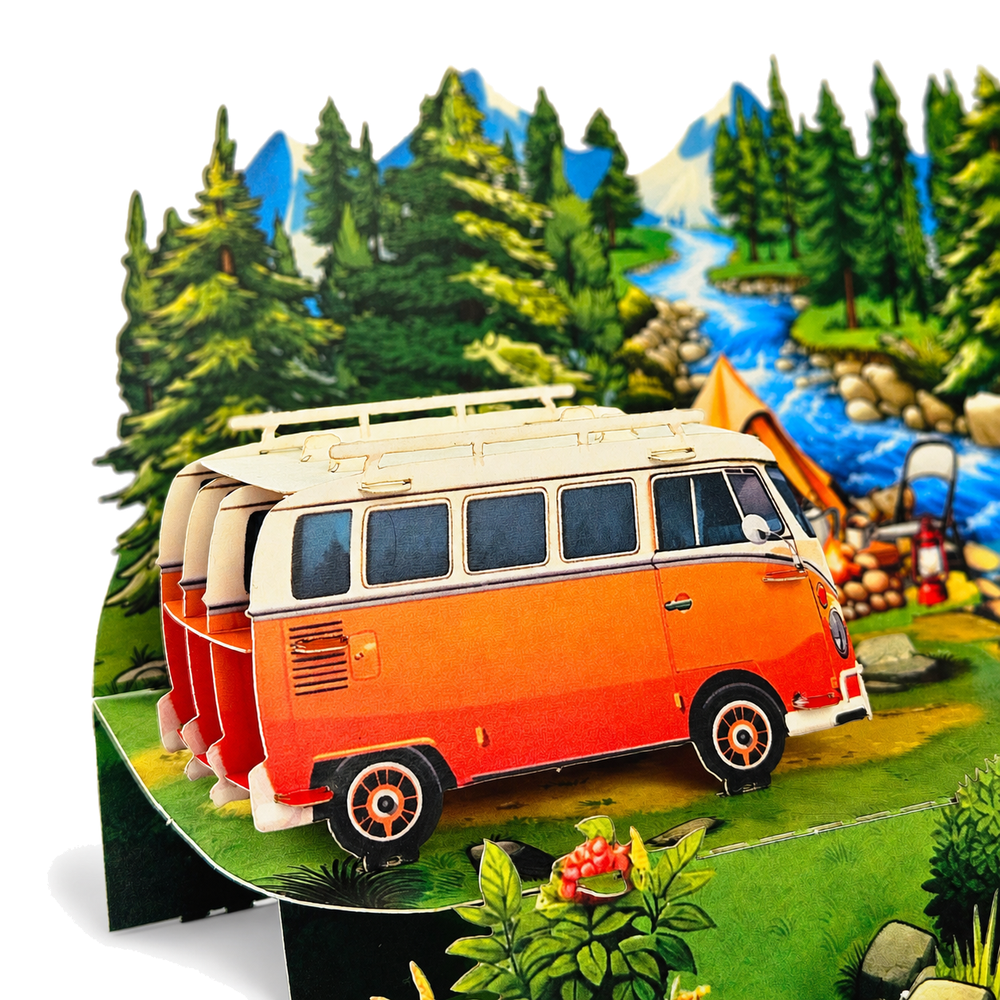 Camping Adventure 3D Pop Up Card - Camper Van by a Mountain River