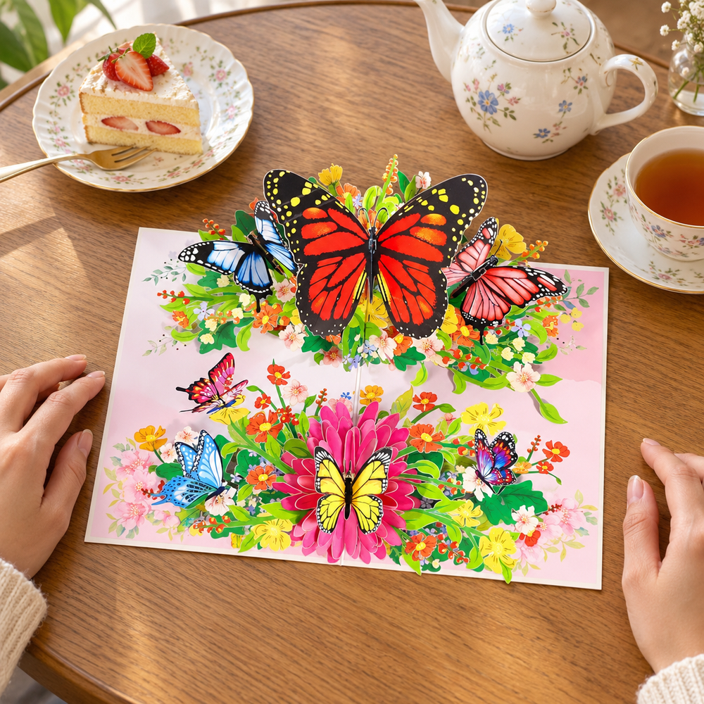 Colorful Butterfly Garden Pop-Up Card - 3D Floral Greeting Card & Unique Gift