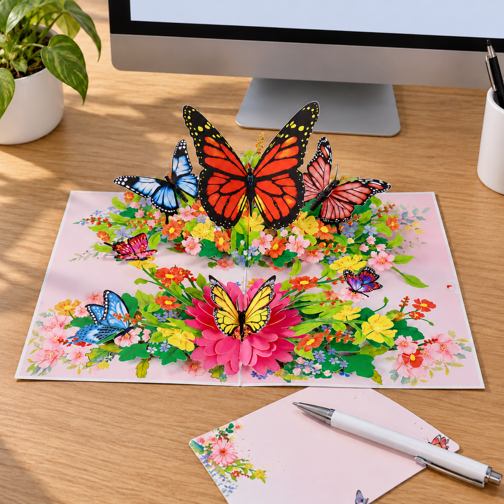 Colorful Butterfly Garden Pop-Up Card - 3D Floral Greeting Card & Unique Gift