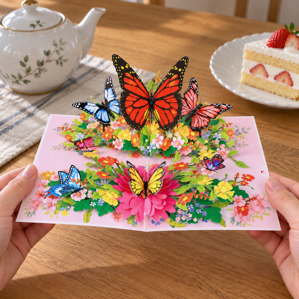 Colorful Butterfly Garden Pop-Up Card - 3D Floral Greeting Card & Unique Gift
