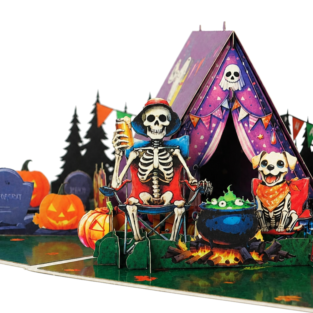 Skeleton Camping Halloween Pop-Up Card – 3D Spooky Greeting Card & Unique Halloween Gift