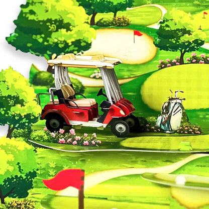 Pop Up Golf Card 3D Multi-Level Golf Course with Cart, Clubs, and Flags Perfect Father's Day, Birthday Greeting Card for Golfer Dad, Grandpa, Boss, Husband, Coach, or Country Club Fans