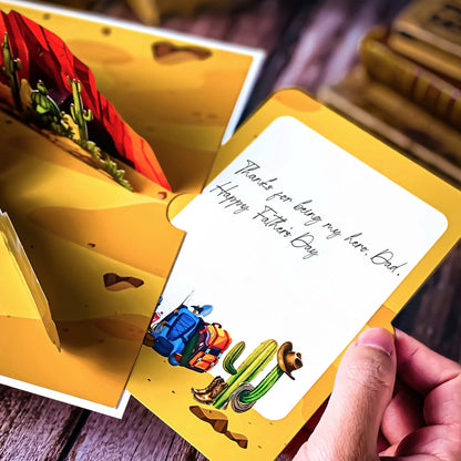 Pop Up Desert Camping Card 3D Jeep and Tent in Cactus Canyon Scene Fun Father's Day, Birthday Greeting Card for Dad, Outdoor Adventure Lovers, Off-Road Fans, Western Style Dads