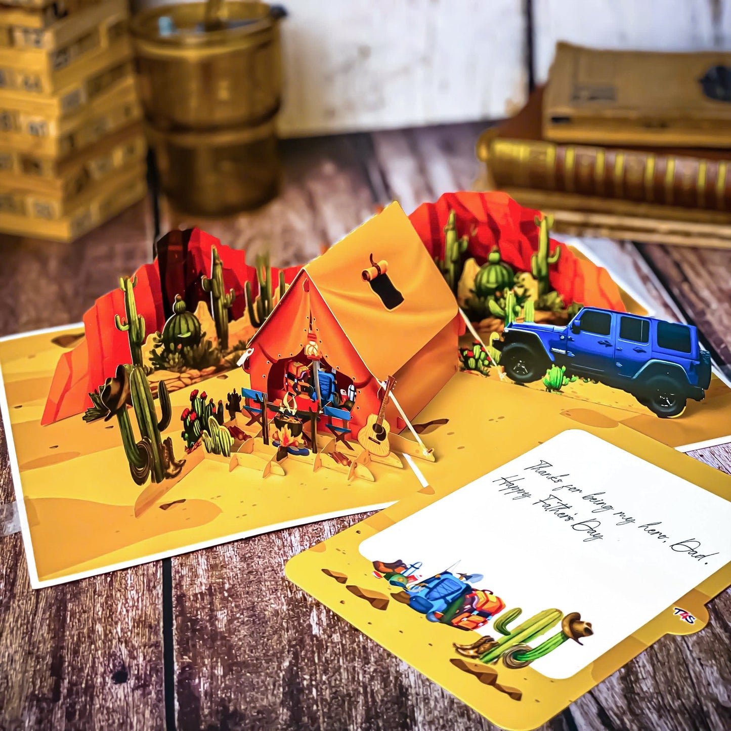 Pop Up Desert Camping Card 3D Jeep and Tent in Cactus Canyon Scene Fun Father's Day, Birthday Greeting Card for Dad, Outdoor Adventure Lovers, Off-Road Fans, Western Style Dads