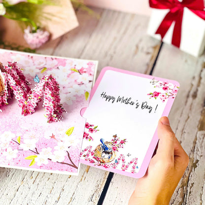 MOM Bird Nest Pop Up Card 3D Bluebird Feeding Nestlings Surrounded by Cherry Blossoms Beautiful Mother's Day, Birthday, Thank You Greeting Card for Mom, Grandma, Wife, or Her