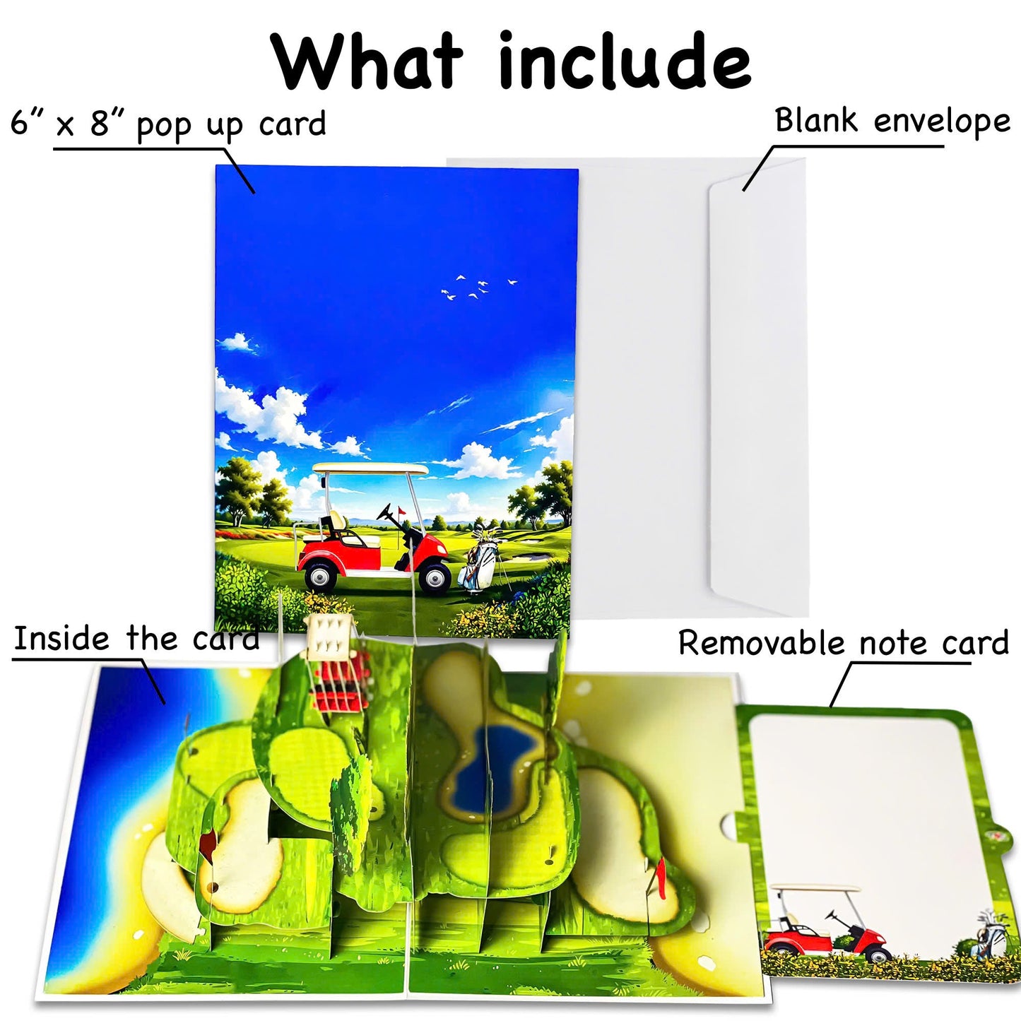 Pop Up Golf Card 3D Multi-Level Golf Course with Cart, Clubs, and Flags Perfect Father's Day, Birthday Greeting Card for Golfer Dad, Grandpa, Boss, Husband, Coach, or Country Club Fans