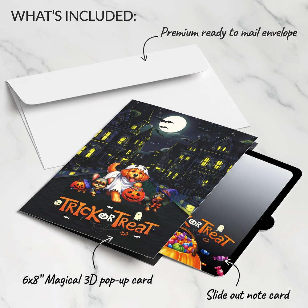 Halloween Dog Pop-Up Card – 3D Trick-or-Treat Greeting Card & Gift for Dog Lovers