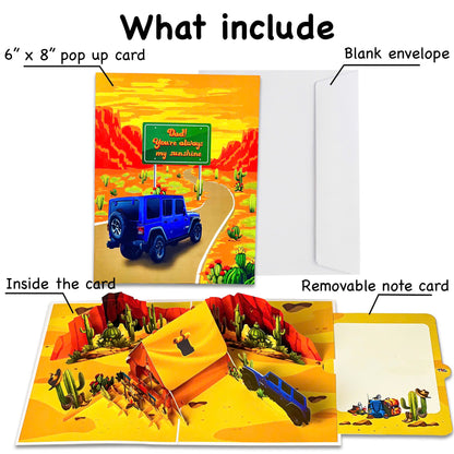 Pop Up Desert Camping Card 3D Jeep and Tent in Cactus Canyon Scene Fun Father's Day, Birthday Greeting Card for Dad, Outdoor Adventure Lovers, Off-Road Fans, Western Style Dads