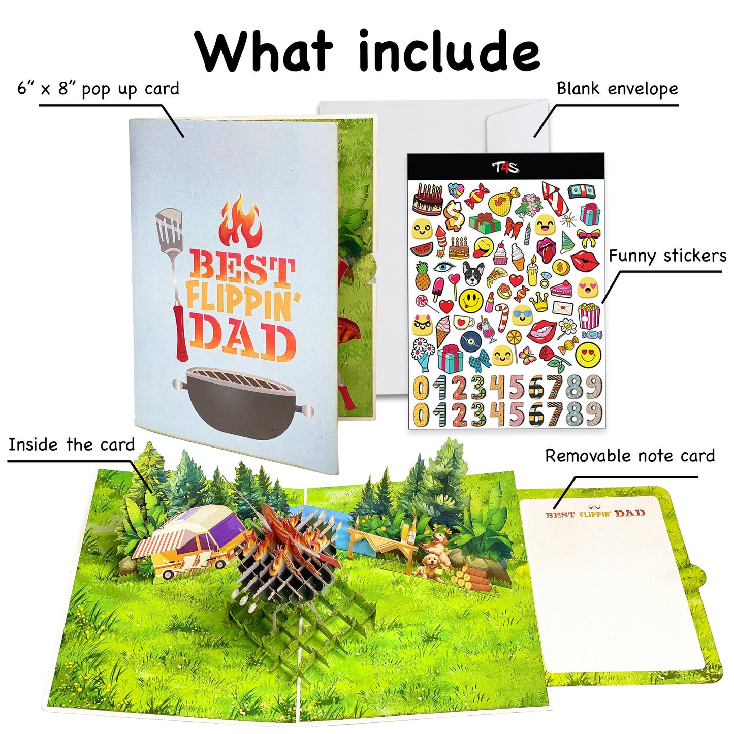 Best Flippin' Dad Pop Up Card Funny 3D BBQ Grill Scene with Steak, Fire and Camper Perfect Father's Day or Birthday Card for Dad, Husband, Grill Masters, Backyard Chefs, Dog Dads