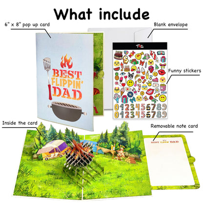 Best Flippin' Dad Pop Up Card Funny 3D BBQ Grill Scene with Steak, Fire and Camper Perfect Father's Day or Birthday Card for Dad, Husband, Grill Masters, Backyard Chefs, Dog Dads