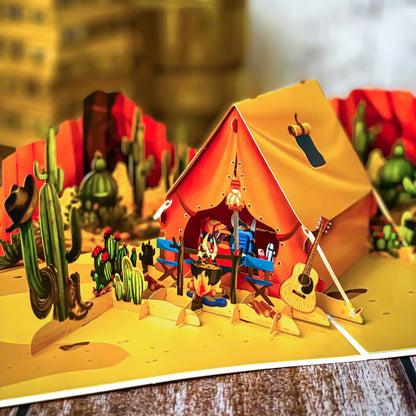 Pop Up Desert Camping Card 3D Jeep and Tent in Cactus Canyon Scene Fun Father's Day, Birthday Greeting Card for Dad, Outdoor Adventure Lovers, Off-Road Fans, Western Style Dads