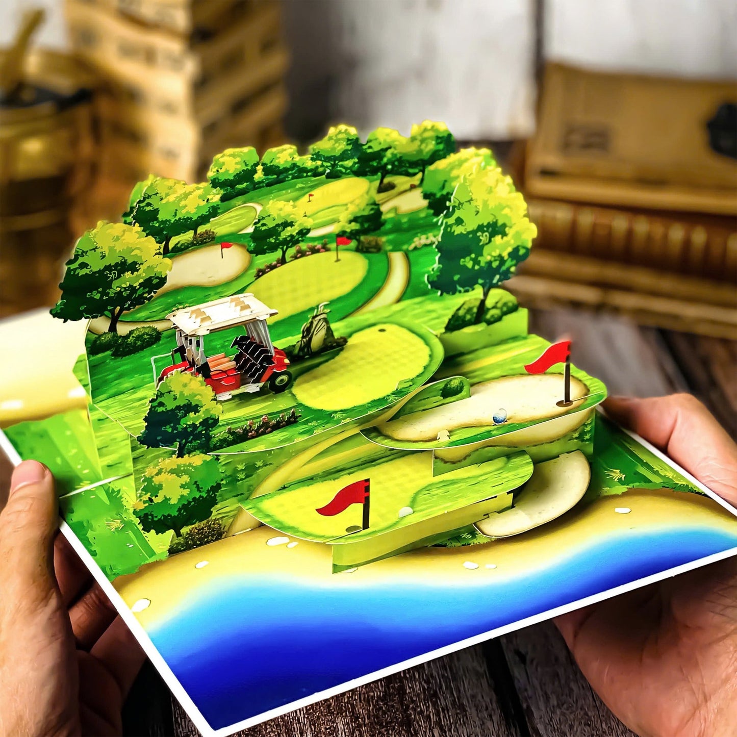 Pop Up Golf Card 3D Multi-Level Golf Course with Cart, Clubs, and Flags Perfect Father's Day, Birthday Greeting Card for Golfer Dad, Grandpa, Boss, Husband, Coach, or Country Club Fans