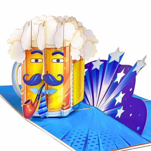 Pop Up Beer Mug Card Funny 3D Beer Glass with Mustache, Pipe and Tie Unique Father's Day, Birthday Greeting Card for Dad, Grandpa, Husband, Beer Lovers, Men with Sense of Humor