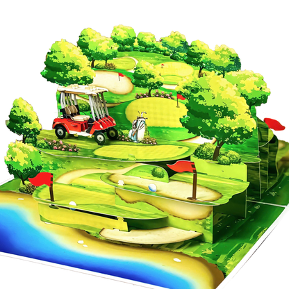 Pop Up Golf Card 3D Multi-Level Golf Course with Cart, Clubs, and Flags Perfect Father's Day, Birthday Greeting Card for Golfer Dad, Grandpa, Boss, Husband, Coach, or Country Club Fans