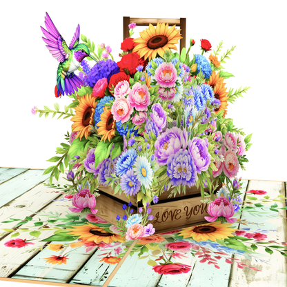 Floral Basket Pop Up Card 3D Rustic Wooden Flower Box with Sunflowers, Roses, and Hummingbird Heartfelt Mother's Day, Birthday, Thank You Greeting Card for Mom, Grandma, Wife, Her