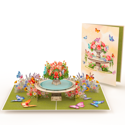 Garden Fountain 3D Pop Up Card - Floral Water Feature with Butterflies and Roses