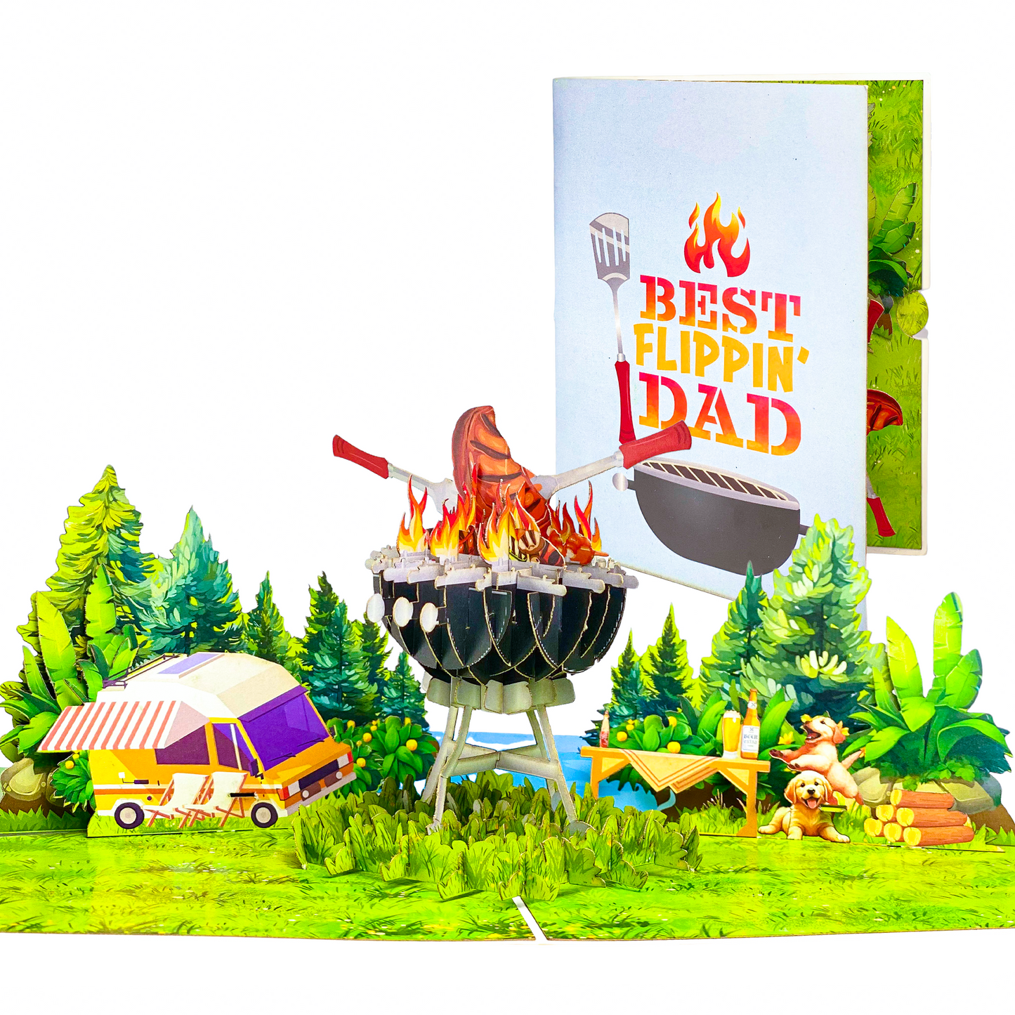 Best Flippin' Dad Pop Up Card Funny 3D BBQ Grill Scene with Steak, Fire and Camper Perfect Father's Day or Birthday Card for Dad, Husband, Grill Masters, Backyard Chefs, Dog Dads