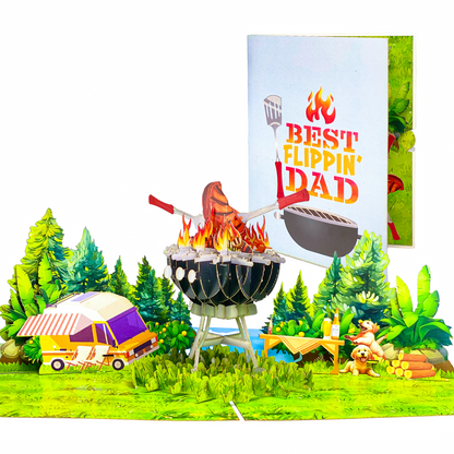 Best Flippin' Dad Pop Up Card Funny 3D BBQ Grill Scene with Steak, Fire and Camper Perfect Father's Day or Birthday Card for Dad, Husband, Grill Masters, Backyard Chefs, Dog Dads