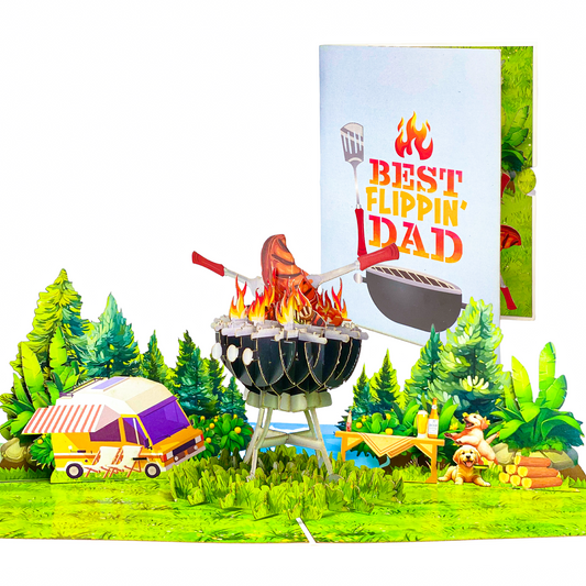 Best Flippin' Dad Pop Up Card Funny 3D BBQ Grill Scene with Steak, Fire and Camper Perfect Father's Day or Birthday Card for Dad, Husband, Grill Masters, Backyard Chefs, Dog Dads