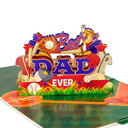 Best Dad Ever Baseball Pop Up Card 3D Sports Themed Greeting with Bat, Ball, Jerseys and Trophy Perfect Father's Day or Birthday Card for Dad, Coach, Grandpa, Baseball Fans, Sporty Dads