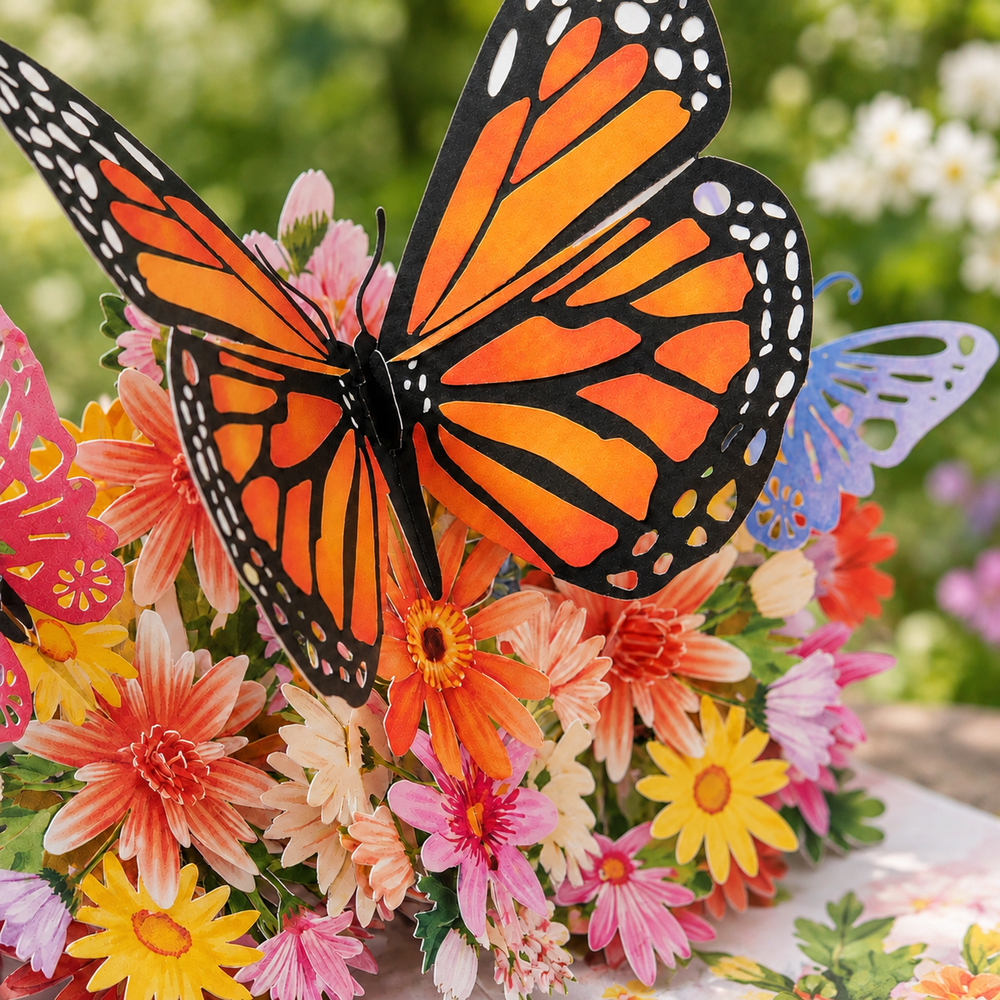 Monarch Butterfly Bouquet Pop-Up Card - 3D Floral Greeting Card & Unique Gift
