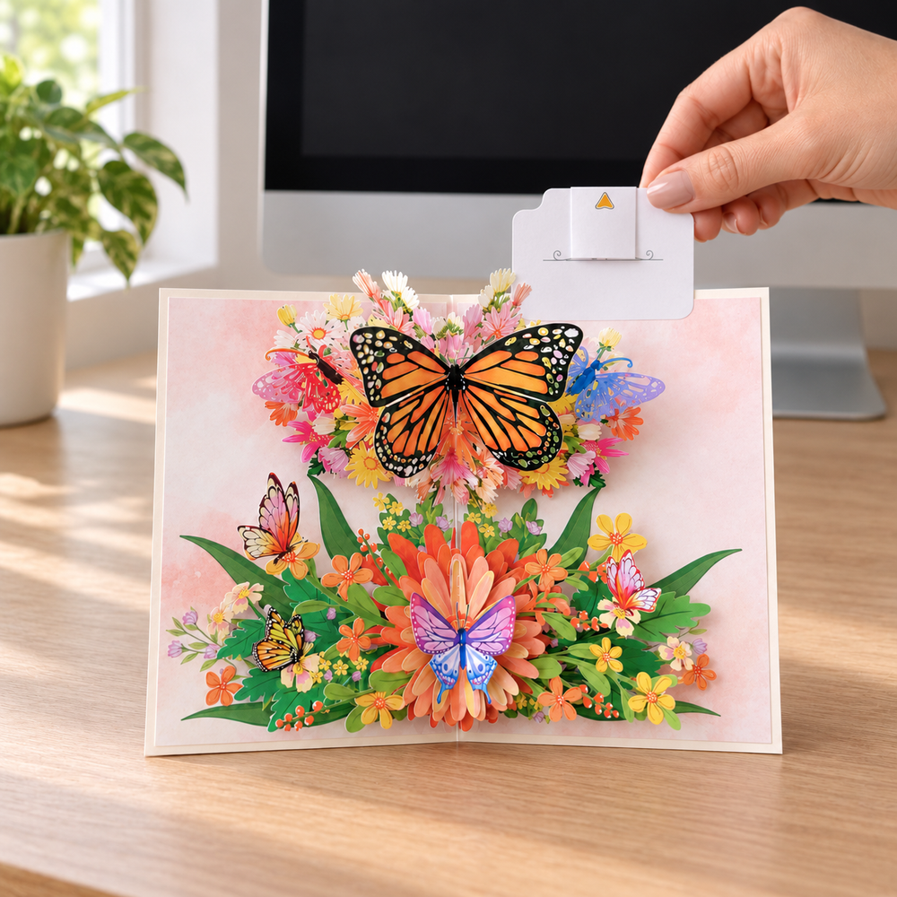 Monarch Butterfly Bouquet Pop-Up Card - 3D Floral Greeting Card & Unique Gift