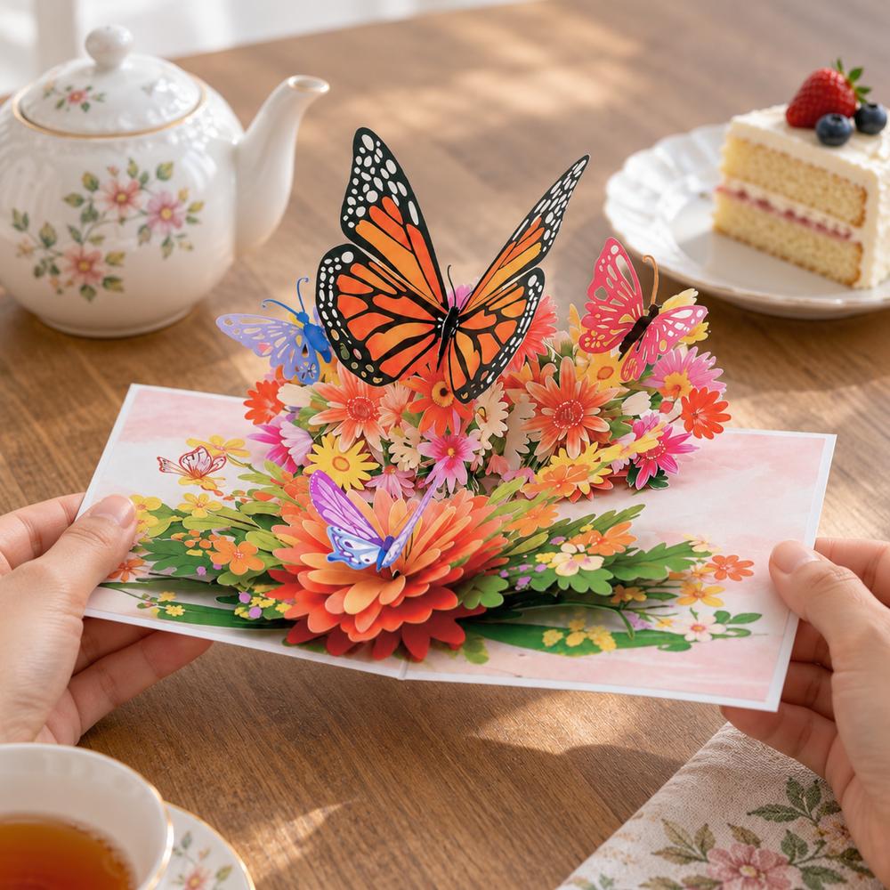 Monarch Butterfly Bouquet Pop-Up Card - 3D Floral Greeting Card & Unique Gift