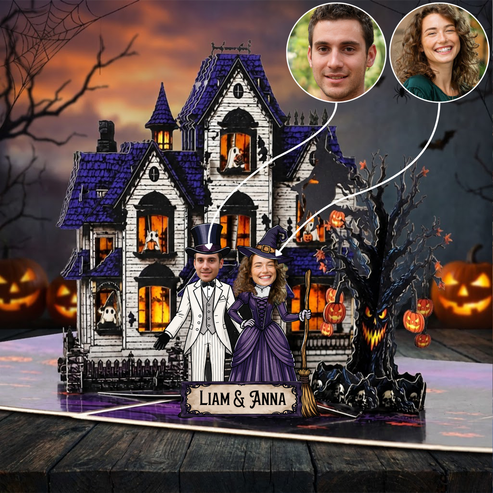 Spooky Halloween Couple - Personalized Haunted House Pop-Up Card
