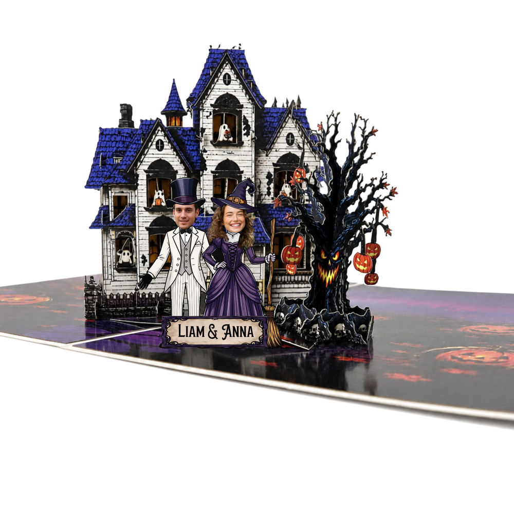Spooky Halloween Couple - Personalized Haunted House Pop-Up Card