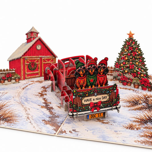 Christmas Dachshund Truck Pop-Up Card – 3D Greeting Card & Christmas Gift