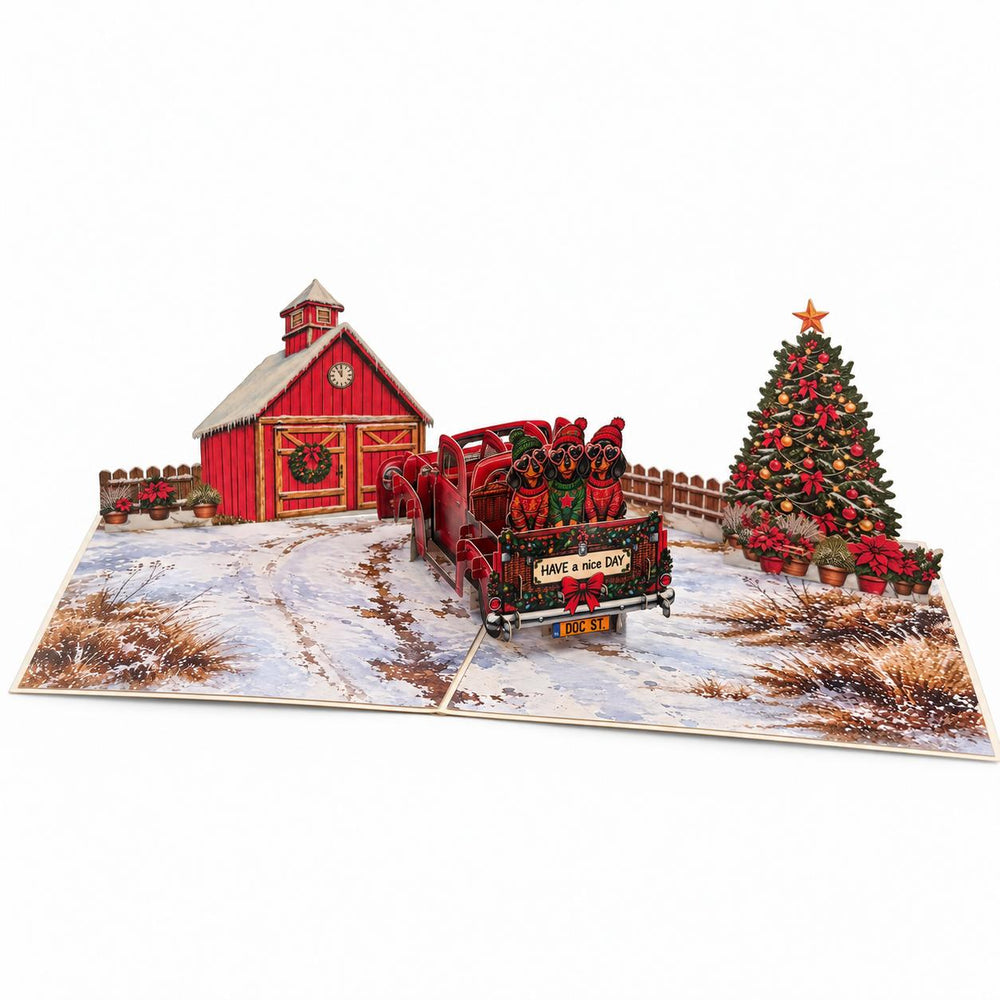Christmas Dachshund Truck Pop-Up Card – 3D Greeting Card & Christmas Gift