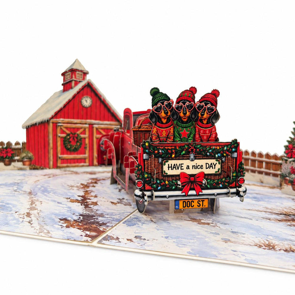 Christmas Dachshund Truck Pop-Up Card – 3D Greeting Card & Christmas Gift