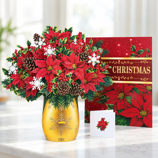 Soul of Papers Christmas Poinsettia Pop Up Flower Bouquet Card – 3D Paper Flowers in Gold Vase with Note Card