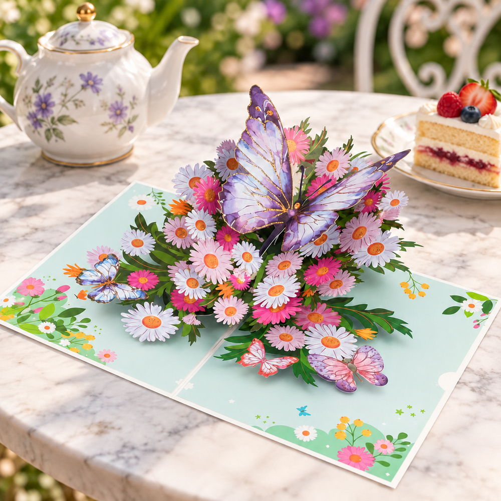 Purple Butterfly Daisy Pop-Up Card - 3D Floral Greeting Card & Unique Birthday Gift