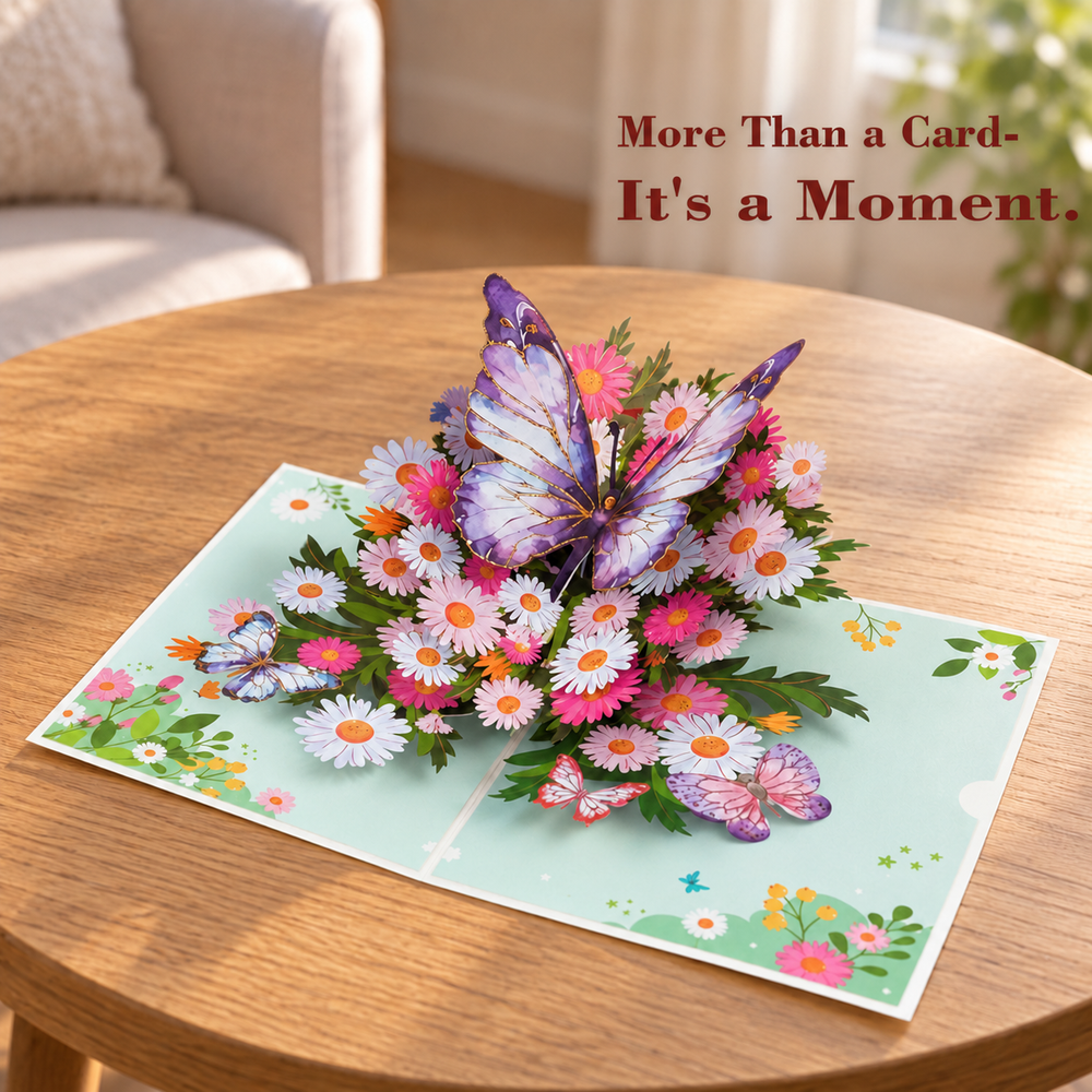 Purple Butterfly Daisy Pop-Up Card - 3D Floral Greeting Card & Unique Birthday Gift