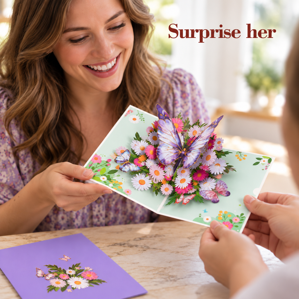 Purple Butterfly Daisy Pop-Up Card - 3D Floral Greeting Card & Unique Birthday Gift