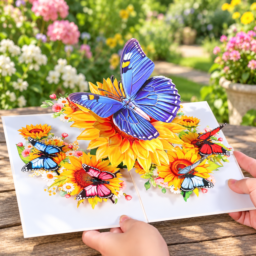 Sunflower Butterfly Pop-Up Card - 3D Floral Greeting Card & Unique Gift
