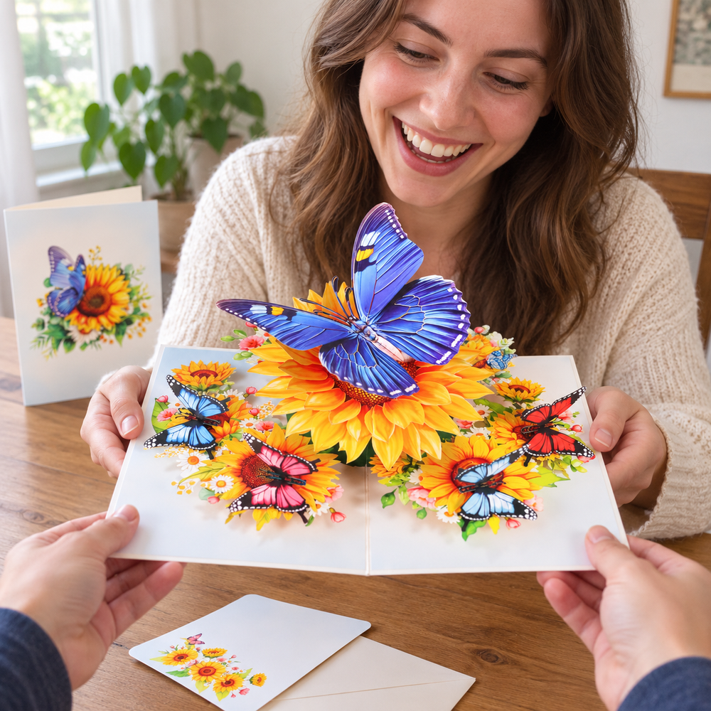 Sunflower Butterfly Pop-Up Card - 3D Floral Greeting Card & Unique Gift