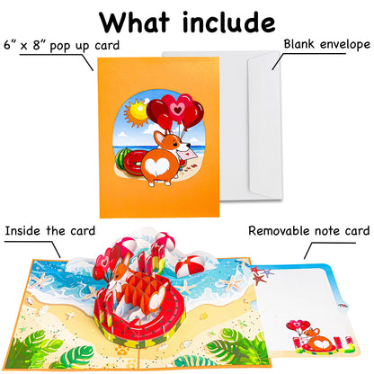 Corgi Beach Pop Up Card Funny 3D Dog in Heart Floatie with Balloons and Waves Cute Birthday, Valentine, Just Because Greeting Card for Dog Lovers, Her, Girlfriend, Kids, Animal Fans