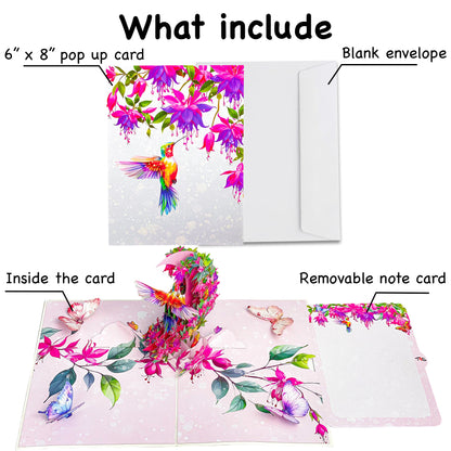 Hummingbird Pop Up Card 3D Colorful Bird with Crescent Floral Ring and Lotus Flowers Elegant Mother's Day, Birthday, Thank You Greeting Card for Women, Nature Lovers, Mom, Grandma, Her
