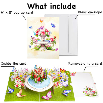 Garden Fountain Pop Up Card 3D Floral Water Feature with Butterflies and Roses Elegant Mother's Day, Birthday, Thank You, Anniversary Greeting Card for Mom, Wife, Grandma, Her