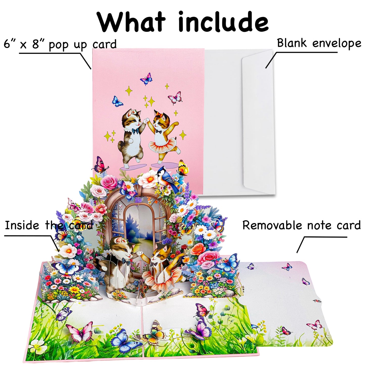 Dancing Cats Pop Up Card 3D Ballerina Kittens in Magical Garden with Flowers and Butterflies Whimsical Birthday, Valentine, or Just Because Greeting Card for Her, Cat Lovers, Kids