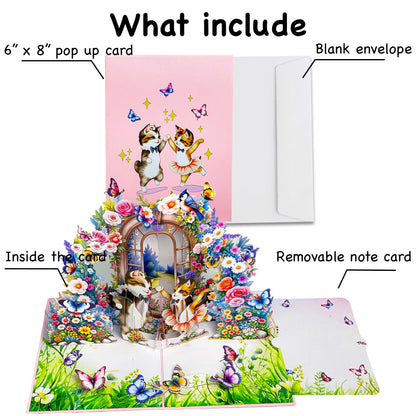 Dancing Cats Pop Up Card 3D Ballerina Kittens in Magical Garden with Flowers and Butterflies Whimsical Birthday, Valentine, or Just Because Greeting Card for Her, Cat Lovers, Kids