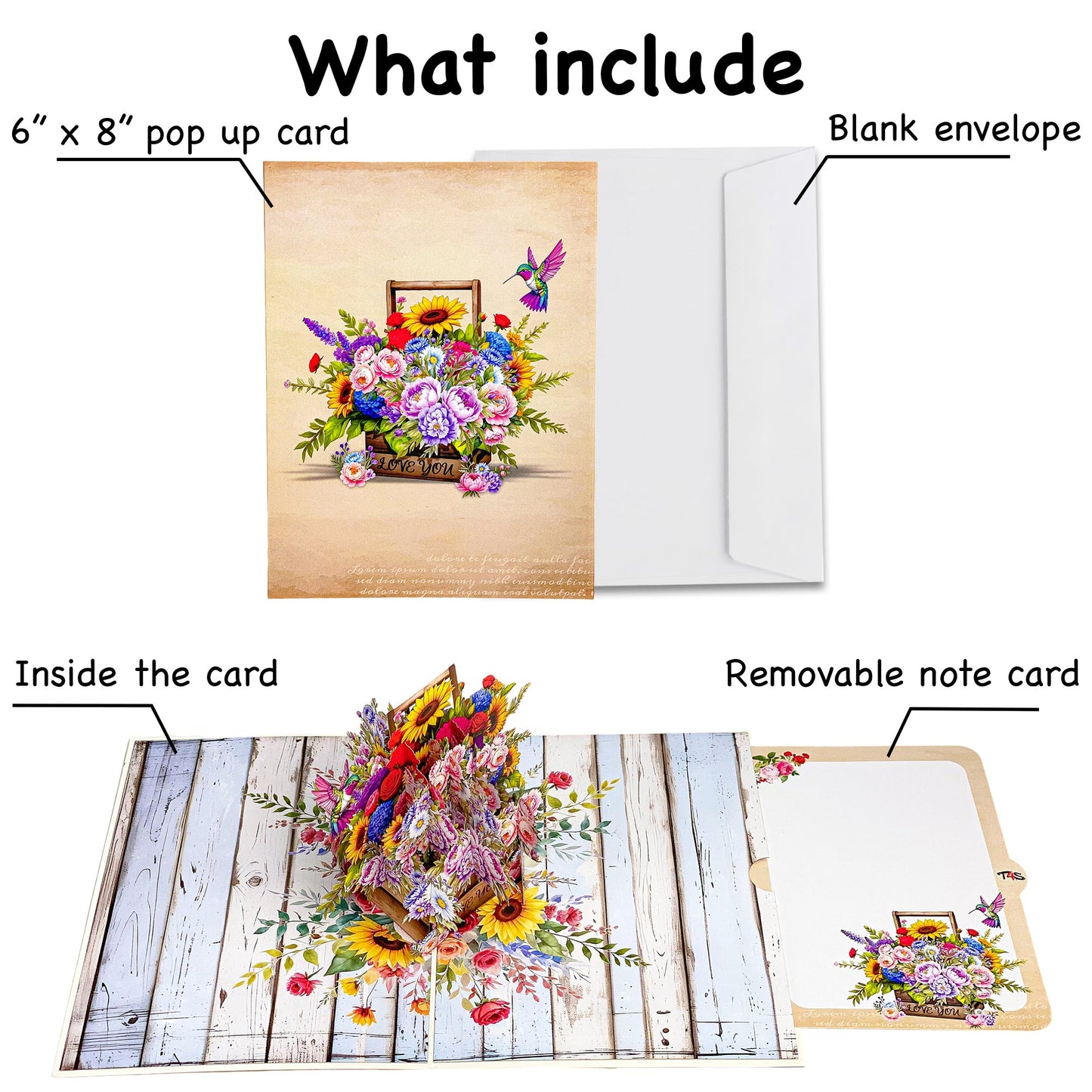Floral Basket Pop Up Card 3D Rustic Wooden Flower Box with Sunflowers, Roses, and Hummingbird Heartfelt Mother's Day, Birthday, Thank You Greeting Card for Mom, Grandma, Wife, Her