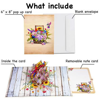 Floral Basket Pop Up Card 3D Rustic Wooden Flower Box with Sunflowers, Roses, and Hummingbird Heartfelt Mother's Day, Birthday, Thank You Greeting Card for Mom, Grandma, Wife, Her