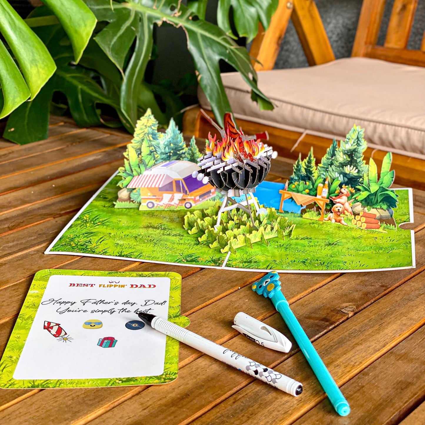 Best Flippin' Dad Pop Up Card Funny 3D BBQ Grill Scene with Steak, Fire and Camper Perfect Father's Day or Birthday Card for Dad, Husband, Grill Masters, Backyard Chefs, Dog Dads