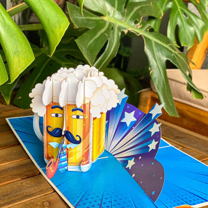 Pop Up Beer Mug Card Funny 3D Beer Glass with Mustache, Pipe and Tie Unique Father's Day, Birthday Greeting Card for Dad, Grandpa, Husband, Beer Lovers, Men with Sense of Humor